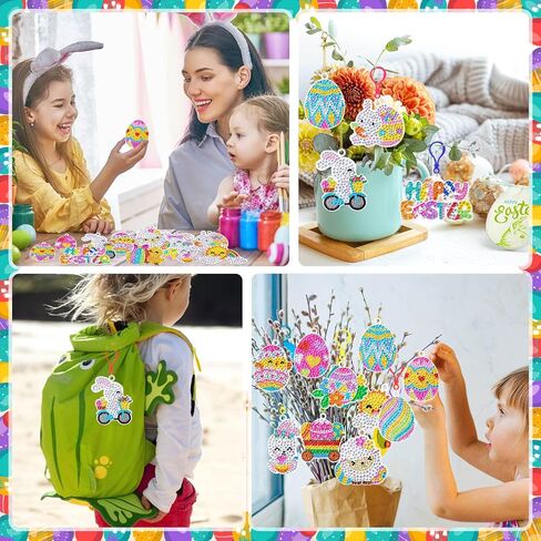 FFNIU 15 Pcs Easter Diamond Painting Ornaments, Diamond Art Ornaments, Diamond Painting 5D Keychains, Easter Eggs, Bunny, Baskets, Drill Pendant for DIY Key Ring Phone Charm Decor in Kuwait