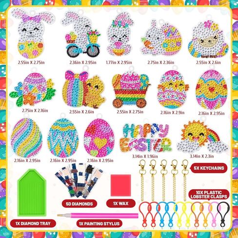 FFNIU 15 Pcs Easter Diamond Painting Ornaments, Diamond Art Ornaments, Diamond Painting 5D Keychains, Easter Eggs, Bunny, Baskets, Drill Pendant for DIY Key Ring Phone Charm Decor in Kuwait