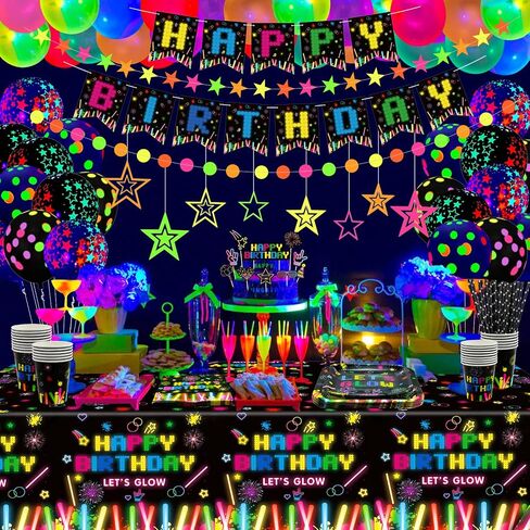 238 قطعة من لوازم الحفلات المتوهجة من Let's Glow Neon مجموعة أدوات مائدة بالون نيون يتوهج في الظلام لافتة عيد ميلاد متوهجة للحفلات مفرش طاولة من النيون لتزيين الحفلات باللون الأسود يخدم 20 قطعة in Kuwait