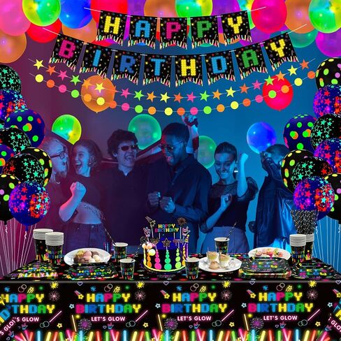 238 قطعة من لوازم الحفلات المتوهجة من Let's Glow Neon مجموعة أدوات مائدة بالون نيون يتوهج في الظلام لافتة عيد ميلاد متوهجة للحفلات مفرش طاولة من النيون لتزيين الحفلات باللون الأسود يخدم 20 قطعة in Kuwait