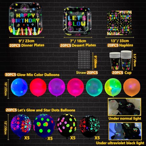 238 قطعة من لوازم الحفلات المتوهجة من Let's Glow Neon مجموعة أدوات مائدة بالون نيون يتوهج في الظلام لافتة عيد ميلاد متوهجة للحفلات مفرش طاولة من النيون لتزيين الحفلات باللون الأسود يخدم 20 قطعة in Kuwait