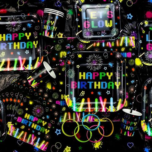 238 قطعة من لوازم الحفلات المتوهجة من Let's Glow Neon مجموعة أدوات مائدة بالون نيون يتوهج في الظلام لافتة عيد ميلاد متوهجة للحفلات مفرش طاولة من النيون لتزيين الحفلات باللون الأسود يخدم 20 قطعة in Kuwait