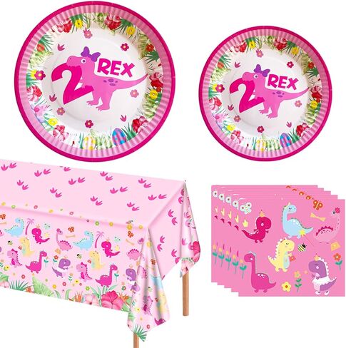 BEOXAGAR 10 قطع من المناشف الورقية على شكل ديناصور بعمر عامين بالإضافة إلى مفرش المائدة، واثنتان من زينة عيد ميلاد ريكس للفتيات، لوازم حفلات عيد الميلاد الثاني للفتيات، لوازم حفلات الديناصورات الوردية في عيد الميلاد الثاني. in Kuwait