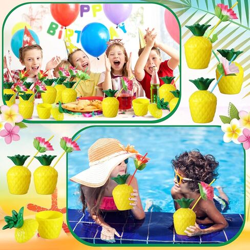 Nuenen 80 Pcs Pineapple Cups Plastic Pineapple Cups with Lids Hibiscus Straws Hawaiian Luau Cups with Palm Leaves Pineapple Drink Cups Tiki Cups for Tropical Luau Aloha Beach Theme Party Supplies in Saudi Arabia