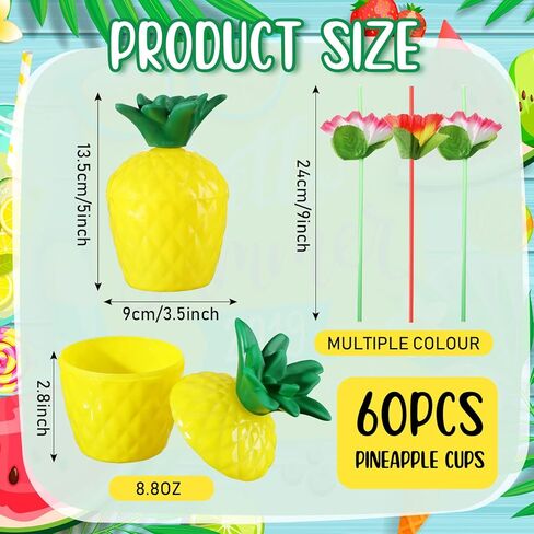 Nuenen 80 Pcs Pineapple Cups Plastic Pineapple Cups with Lids Hibiscus Straws Hawaiian Luau Cups with Palm Leaves Pineapple Drink Cups Tiki Cups for Tropical Luau Aloha Beach Theme Party Supplies in Saudi Arabia