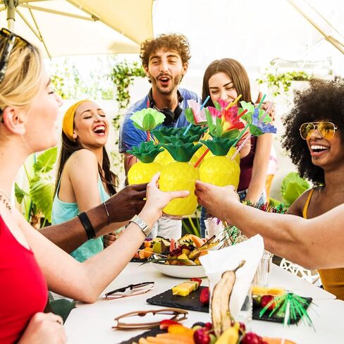 Nuenen 80 Pcs Pineapple Cups Plastic Pineapple Cups with Lids Hibiscus Straws Hawaiian Luau Cups with Palm Leaves Pineapple Drink Cups Tiki Cups for Tropical Luau Aloha Beach Theme Party Supplies in Saudi Arabia