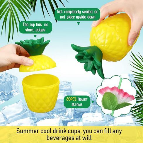 Nuenen 80 Pcs Pineapple Cups Plastic Pineapple Cups with Lids Hibiscus Straws Hawaiian Luau Cups with Palm Leaves Pineapple Drink Cups Tiki Cups for Tropical Luau Aloha Beach Theme Party Supplies in Saudi Arabia