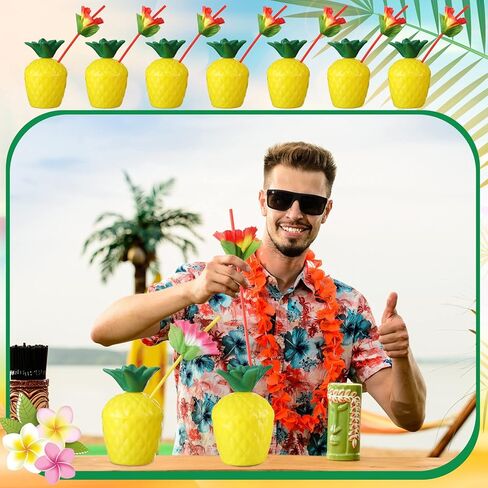 Nuenen 80 Pcs Pineapple Cups Plastic Pineapple Cups with Lids Hibiscus Straws Hawaiian Luau Cups with Palm Leaves Pineapple Drink Cups Tiki Cups for Tropical Luau Aloha Beach Theme Party Supplies in Saudi Arabia