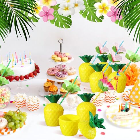 Nuenen 80 Pcs Pineapple Cups Plastic Pineapple Cups with Lids Hibiscus Straws Hawaiian Luau Cups with Palm Leaves Pineapple Drink Cups Tiki Cups for Tropical Luau Aloha Beach Theme Party Supplies in Saudi Arabia