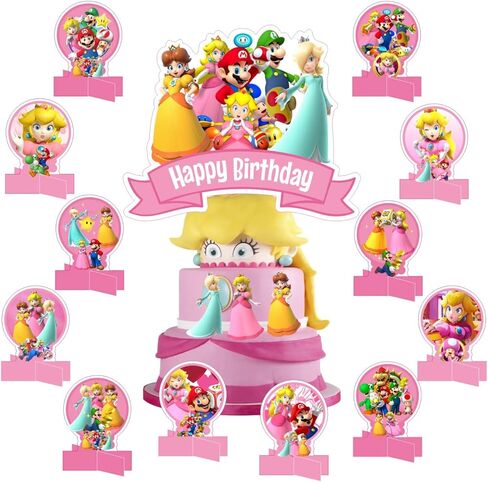 19 قطعة مركزية لطاولة ماريو، لوازم حفلات اعياد الميلاد سوبر ماريو لتزيين عيد ميلاد الاميرة بلون خوخي in Kuwait
