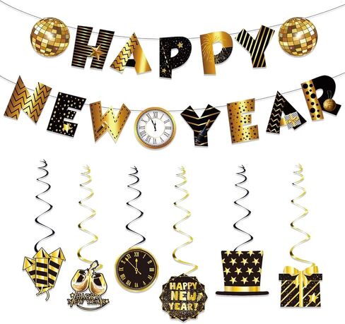 زخارف دوامة معلقة من Happy New Year لوازم حفلات ليلة رأس السنة الجديدة مع لافتة سنة جديدة سعيدة زينة سنة جديدة سعيدة للسقف والجدار والنوافذ وديكورات حفلات ليلة رأس السنة الجديدة in Kuwait