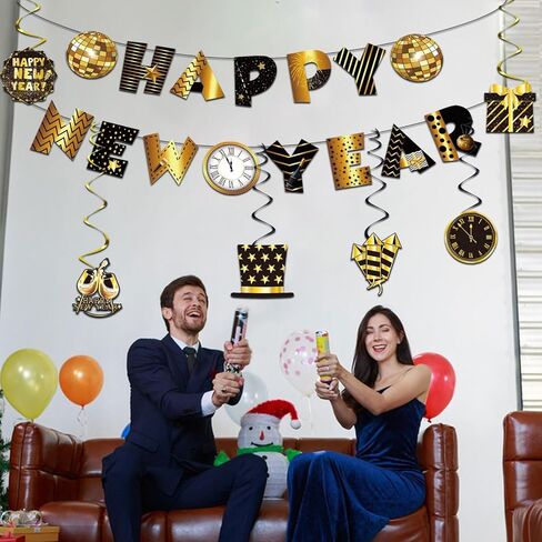 زخارف دوامة معلقة من Happy New Year لوازم حفلات ليلة رأس السنة الجديدة مع لافتة سنة جديدة سعيدة زينة سنة جديدة سعيدة للسقف والجدار والنوافذ وديكورات حفلات ليلة رأس السنة الجديدة in Kuwait