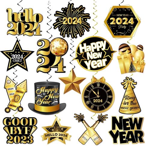 2024 Happy New Year Decor, Black Rose Gold Happy New Year Hanging Swirls Decorations 2024 New Years Eve Party Supplies in Kuwait