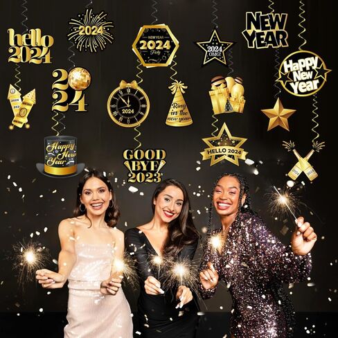 2024 Happy New Year Decor, Black Rose Gold Happy New Year Hanging Swirls Decorations 2024 New Years Eve Party Supplies in Kuwait