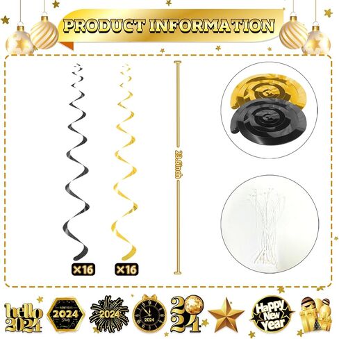 2024 Happy New Year Decor, Black Rose Gold Happy New Year Hanging Swirls Decorations 2024 New Years Eve Party Supplies in Kuwait
