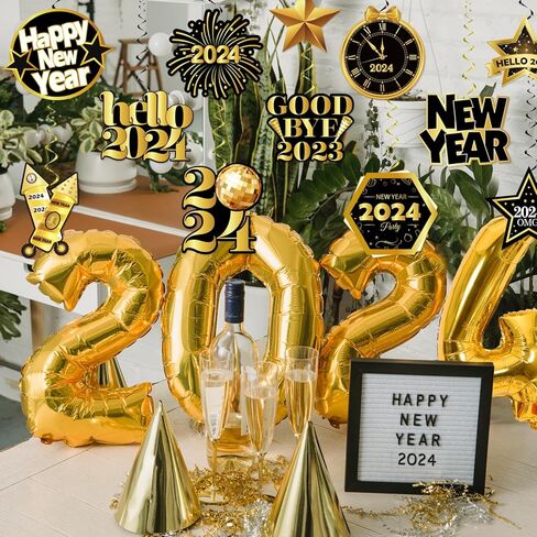 2024 Happy New Year Decor, Black Rose Gold Happy New Year Hanging Swirls Decorations 2024 New Years Eve Party Supplies in Kuwait