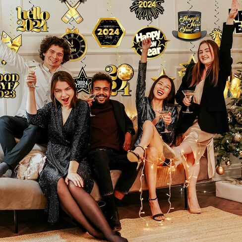 2024 Happy New Year Decor, Black Rose Gold Happy New Year Hanging Swirls Decorations 2024 New Years Eve Party Supplies in Kuwait