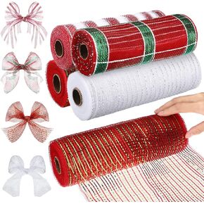 4 Rolls Christmas Poly Burlap Mesh 10 Inches, 40 Yards Metallic Deco Mesh Ribbon for Wreath Christmas Tree, Red White Wide Long Mesh Decorative for DIY Party Wrapping Craft (Classic Style)