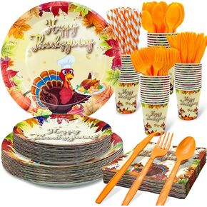 TURNMEON 192PCS Paper Plates Thanksgiving Party Supplies Tableware Set Include 24 Set Turkey Maple Leaf Disposable Plates and Napkin Dinnerware Set for 24 Guest Autumn Harvest Thanksgiving Table Decor in Saudi Arabia