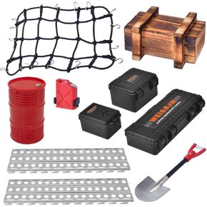 Globact 1/10 RC Crawler Accessories Luggage Net/Oil Drum/Wood Box/Fuel Tank/Recovery Board/Toolbox/Shovel for 1/10 Traxxas Trx4 Trx6 Axial SCX10 Redcat GEN 7 8 Rc4wd (Blue)