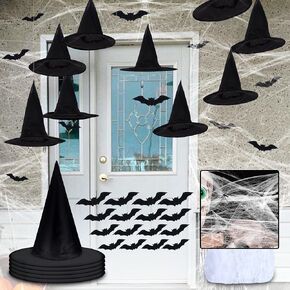 الجبتي 5 قطع قبعات الساحرات للهالوين باللون الأسود | قبعات ساحرة معلقة ديكورات مع شبكة عنكبوت و16 قطعة من ديكورات الخفافيش زي الساحرة وإكسسوارات الهالوين وديكور داخلي وخارجي in Kuwait