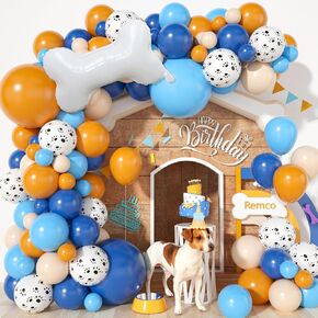 128Pcs Blue Birthday Party Supplies Balloons Arch Kit, Blue Orange White Dog Paw Balloons Garland Kit with Bone Balloon for Baby Shower Girls and Boys Blue Theme Birthday Party Decorations