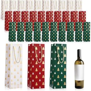 Woanger 60 Pieces Christmas Wine Gift Bags Bulk Kraft Paper Wine Bags with Handle Red Green White Gift Bags with Gold Polka Dots Christmas Tree for Wine Bottles Whiskey Spirits Drinks (Tree)