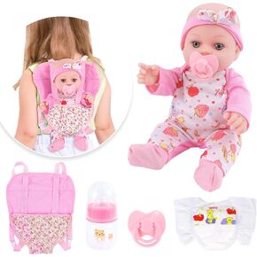 VAWMJOT 12 Inch Baby Doll with Carrier Play Set and Clothes,Reborn Baby Doll Accessories with Bottles,Pacifiers,Diapers