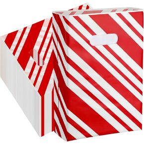 Cholemy 100 Pcs Christmas Merchandise Bags, 9 x 12 Inch Plastic Goodie Bags Red and White Stripe Christmas Bag Christmas Boutique Bags with Handles for Xmas Holiday Carnival Party Favor in Kuwait