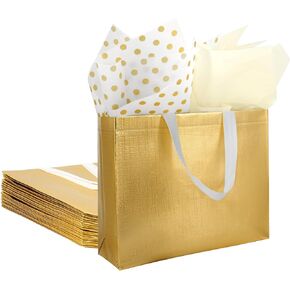 18pcs Gold Gift Bags with Tissue Paper, Shiny Gift Bags Large Size with Handles, Glossy Reusable Gift Bags for presents, Glitter Party Bag for Wedding Birthday Shower Christmas 12.7 x 4.7x11 inches
