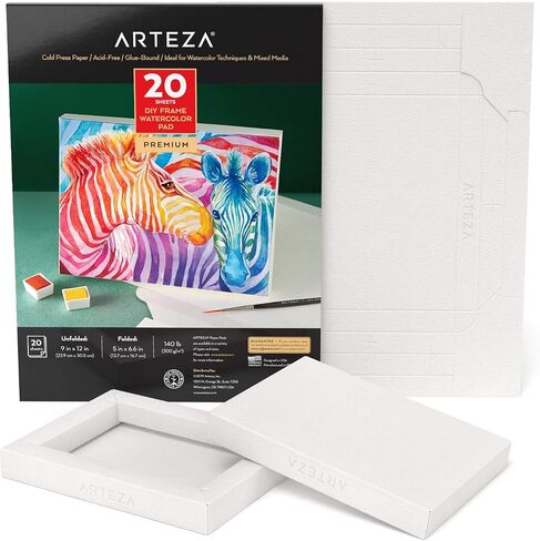 لوحة قماش فنية قابلة للطي بألوان مائية من Arteza، مقاس 5x6.6 بوصة، 20 ورقة، إطار DIY، وسادة ورق ثقيلة الوزن خالية من الأحماض، 140 رطل/300 جرام في المتر المربع، لوازم فنية للرسم وفن الوسائط المختلطة in Kuwait