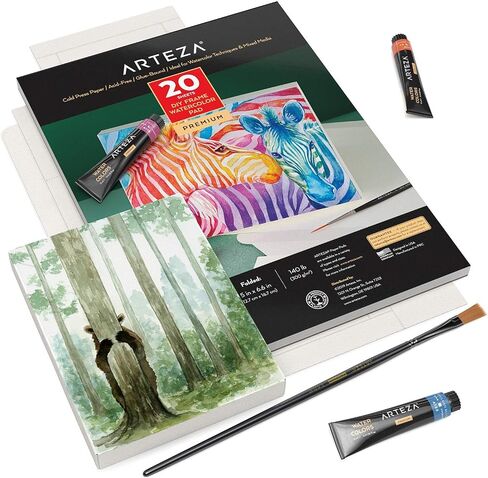 لوحة قماش فنية قابلة للطي بألوان مائية من Arteza، مقاس 5x6.6 بوصة، 20 ورقة، إطار DIY، وسادة ورق ثقيلة الوزن خالية من الأحماض، 140 رطل/300 جرام في المتر المربع، لوازم فنية للرسم وفن الوسائط المختلطة in Kuwait