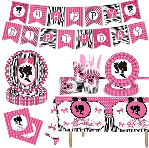 مجموعة لوازم حفلات اعياد الميلاد للبنات مكونة من 170 قطعة، تخدم 24 طبق ضيوف ومناديل واكواب ومفرش طاولة وادوات مائدة لحفلات اعياد الميلاد بطابع دمية الاميرة in Kuwait