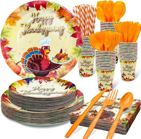 TURNMEON 192PCS Paper Plates Thanksgiving Party Supplies Tableware Set Include 24 Set Turkey Maple Leaf Disposable Plates and Napkin Dinnerware Set for 24 Guest Autumn Harvest Thanksgiving Table Decor in Saudi Arabia