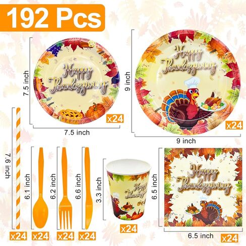 TURNMEON 192PCS Paper Plates Thanksgiving Party Supplies Tableware Set Include 24 Set Turkey Maple Leaf Disposable Plates and Napkin Dinnerware Set for 24 Guest Autumn Harvest Thanksgiving Table Decor in Saudi Arabia