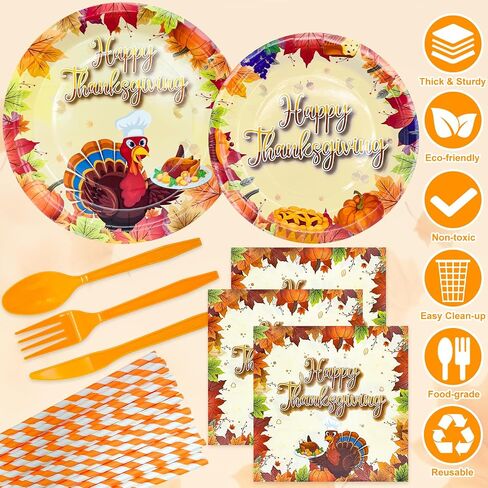 TURNMEON 192PCS Paper Plates Thanksgiving Party Supplies Tableware Set Include 24 Set Turkey Maple Leaf Disposable Plates and Napkin Dinnerware Set for 24 Guest Autumn Harvest Thanksgiving Table Decor in Saudi Arabia