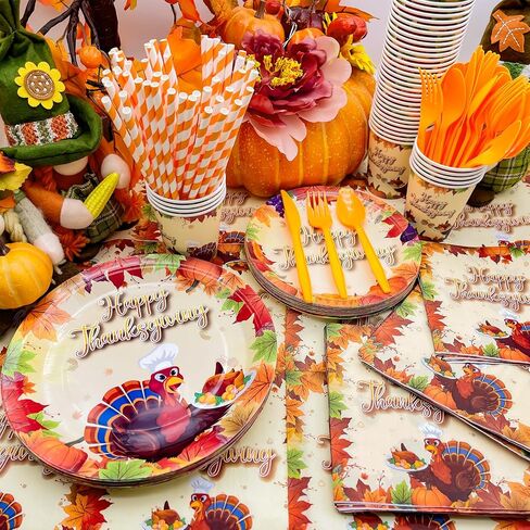 TURNMEON 192PCS Paper Plates Thanksgiving Party Supplies Tableware Set Include 24 Set Turkey Maple Leaf Disposable Plates and Napkin Dinnerware Set for 24 Guest Autumn Harvest Thanksgiving Table Decor in Saudi Arabia