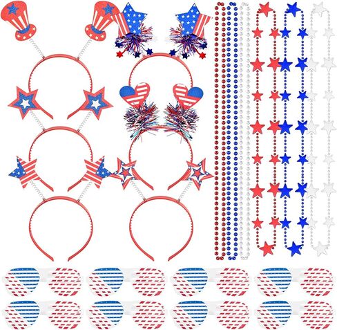 36 قطعة من عصابات الرأس في الرابع من يوليو، مجموعة من عصابة الرأس الوطنية مع نظارات العلم الأمريكي، قلادات على شكل نجمة، إكسسوارات الحفلات العسكرية، عصابة رأس أمريكية، إكسسوارات تحت عنوان أمريكا لحفلة يوم الاستقلال in Kuwait