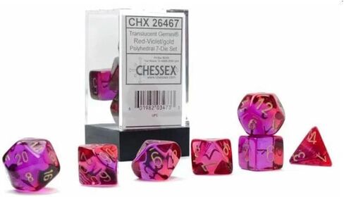Gemini Polyhedral Dice Set | Set of 7 Dice in a Variety of Sizes Designed for Roleplaying Games | Premium Quality Dice for Tabletop RPGs | Translucent Red, Violet and Gold Color | Made by Chessex in Saudi Arabia