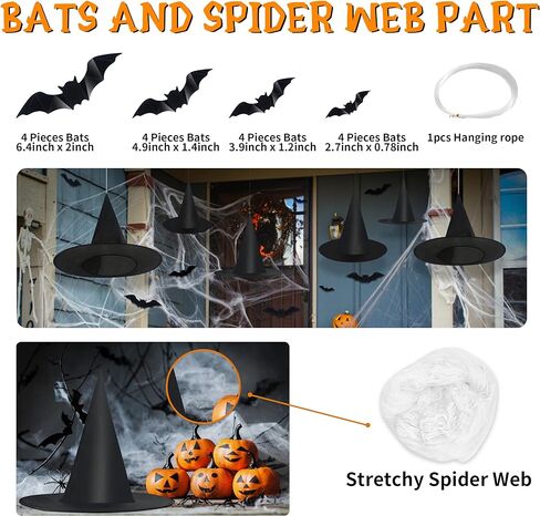 الجبتي 5 قطع قبعات الساحرات للهالوين باللون الأسود | قبعات ساحرة معلقة ديكورات مع شبكة عنكبوت و16 قطعة من ديكورات الخفافيش زي الساحرة وإكسسوارات الهالوين وديكور داخلي وخارجي in Kuwait