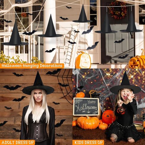 الجبتي 5 قطع قبعات الساحرات للهالوين باللون الأسود | قبعات ساحرة معلقة ديكورات مع شبكة عنكبوت و16 قطعة من ديكورات الخفافيش زي الساحرة وإكسسوارات الهالوين وديكور داخلي وخارجي in Kuwait
