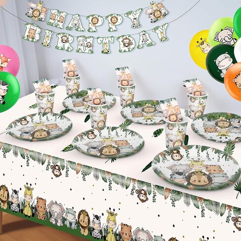 Safari Baby Shower Decorations Boy Plates Napkins and Tablecloth Set Serves 24,Jungle Animal Theme Birthday Party Supplies in Kuwait