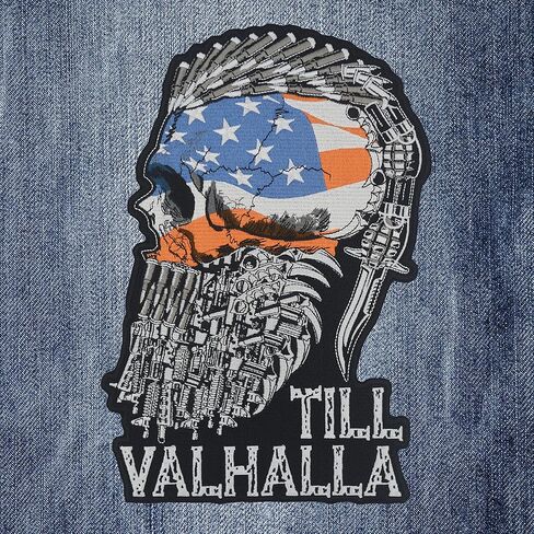 nuttui Till Valhalla American Flag Viking Skull Large Embroidered Motorcycle Jacket & Biker in Kuwait