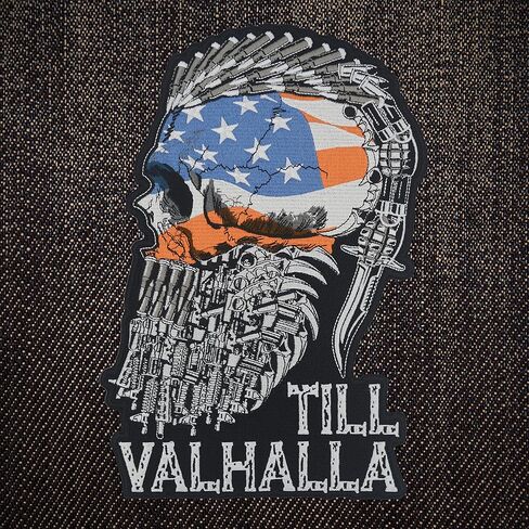 nuttui Till Valhalla American Flag Viking Skull Large Embroidered Motorcycle Jacket & Biker in Kuwait
