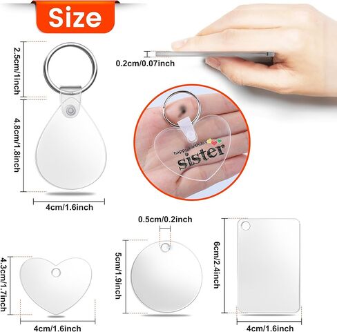 120 قطعة من فراغات سلسلة المفاتيح الأكريليك، 4 أشكال من سلاسل المفاتيح الفارغة الشفافة لمجموعة الفينيل، فراغات سلسلة مفاتيح مطبوعة على الوجهين، لوازم سلسلة مفاتيح DIY مع حلقات مفاتيح للحرف اليدوية وصنع المجوهرات in Kuwait