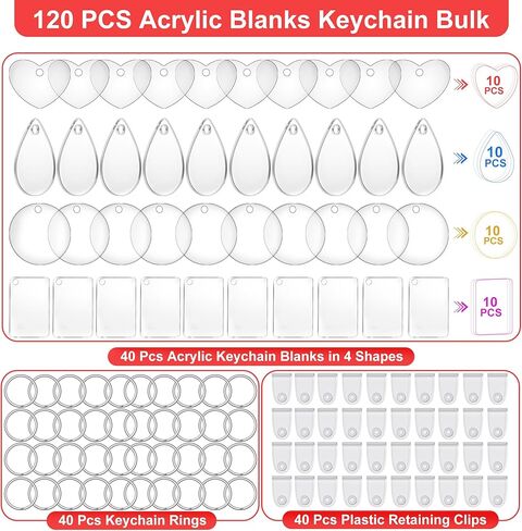 120 قطعة من فراغات سلسلة المفاتيح الأكريليك، 4 أشكال من سلاسل المفاتيح الفارغة الشفافة لمجموعة الفينيل، فراغات سلسلة مفاتيح مطبوعة على الوجهين، لوازم سلسلة مفاتيح DIY مع حلقات مفاتيح للحرف اليدوية وصنع المجوهرات in Kuwait