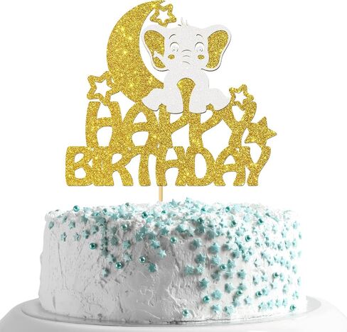 MonMon & Craft Elephant Happy Birthday Cake Topper/Baby Children 1st Birthday Zoo Cake Decor/Baby Shower/Cute Elephant Wild Animal Theme Birthday Party Decorations - Gold Glitter (Elephant) in Kuwait
