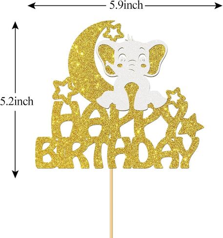 MonMon & Craft Elephant Happy Birthday Cake Topper/Baby Children 1st Birthday Zoo Cake Decor/Baby Shower/Cute Elephant Wild Animal Theme Birthday Party Decorations - Gold Glitter (Elephant) in Kuwait