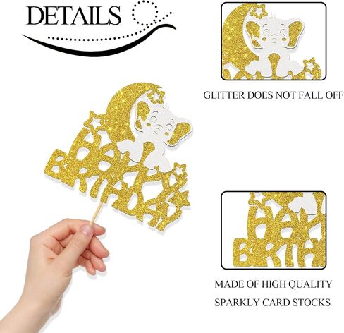 MonMon & Craft Elephant Happy Birthday Cake Topper/Baby Children 1st Birthday Zoo Cake Decor/Baby Shower/Cute Elephant Wild Animal Theme Birthday Party Decorations - Gold Glitter (Elephant) in Kuwait