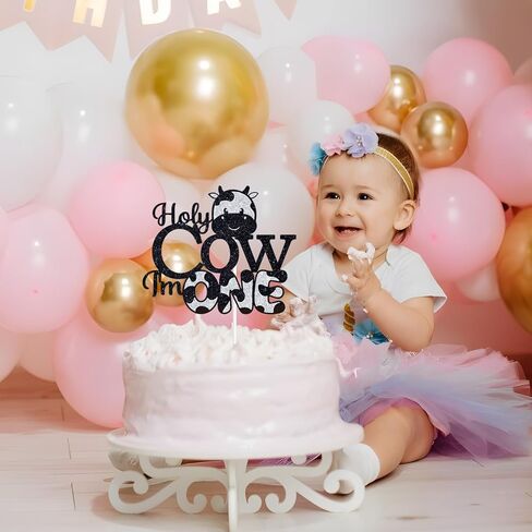 Holy Cow I'm One Cake Topper, Baby 1st Birthday Cake Decor, Cowboy Cowgirl 1st Birthday, Cow Themed First Birthday Party Decorations in Kuwait